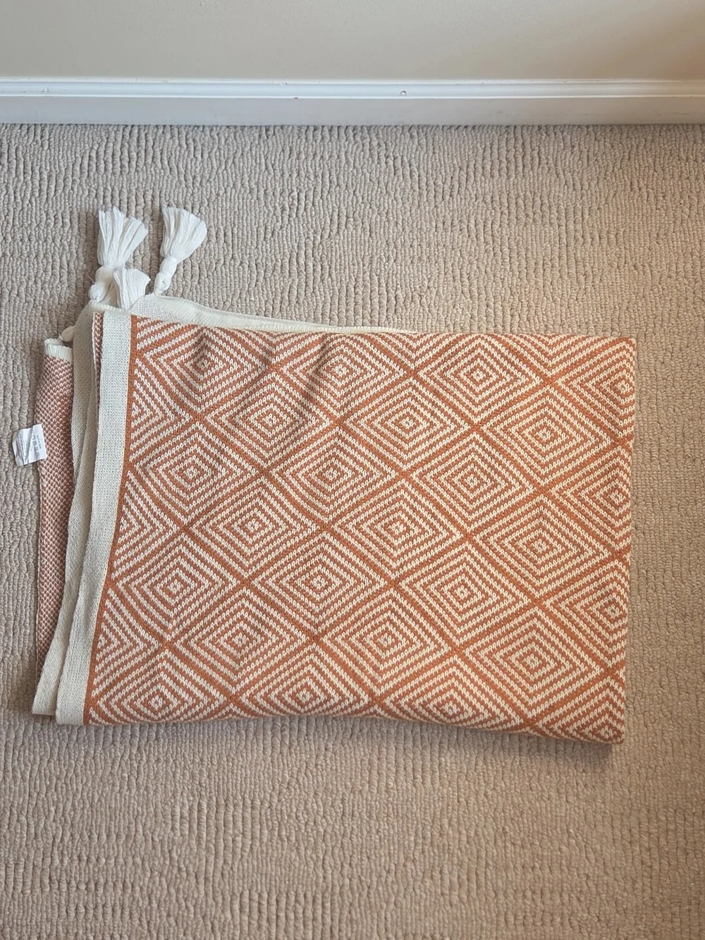 Geometric Burnt Orange and Cream Throw Blanket with Tassels